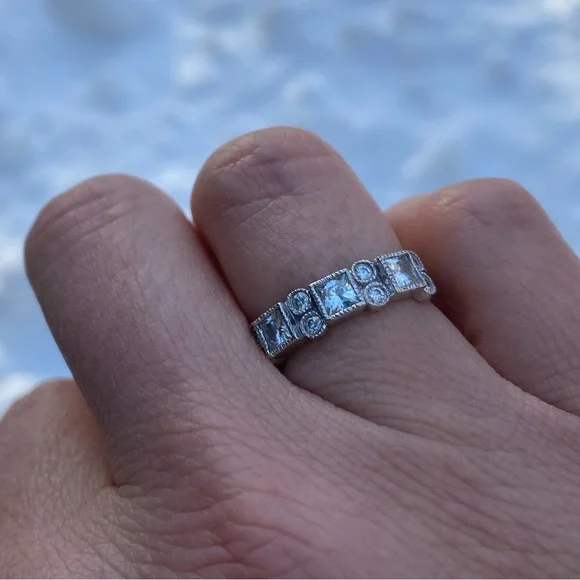 3mm Princess Moissanite Milgrain Anniversary Ring #ann183b white gold - Picture 3 of 10